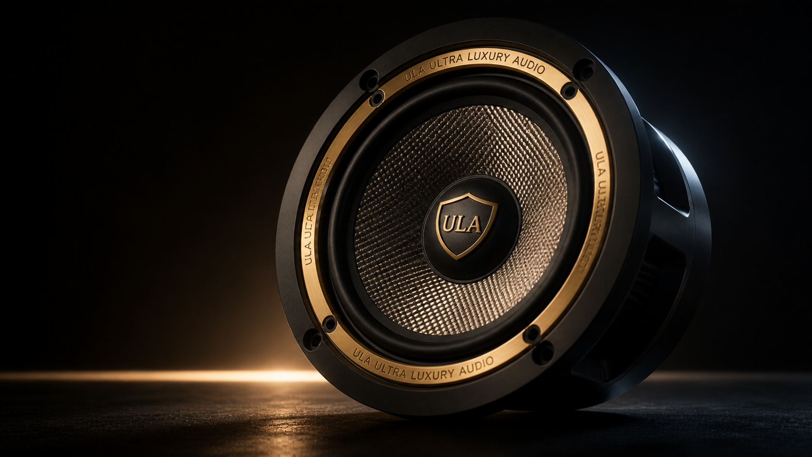 ULA Ultra Luxury Audio speaker — champagne-gold and black billet driver with engraved shield emblem